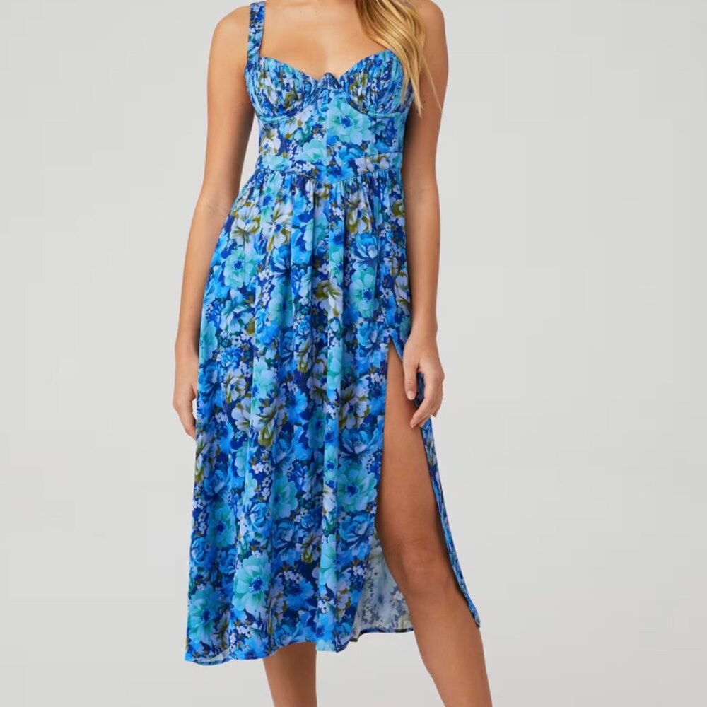 For Love And Lemons Blue Floral Midi Dress